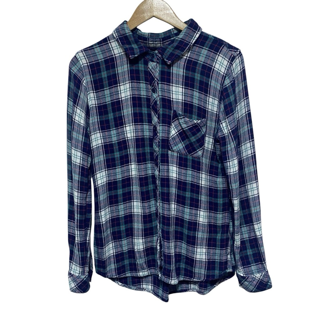 Rails Blouse Womens L Blue Green Plaid Button Front Rayon Lightweight Rayon Top